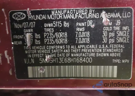 2008 Hyundai Santa Fe Limited/Se from USA, damaged, VIN 5NMSH13E68H168400